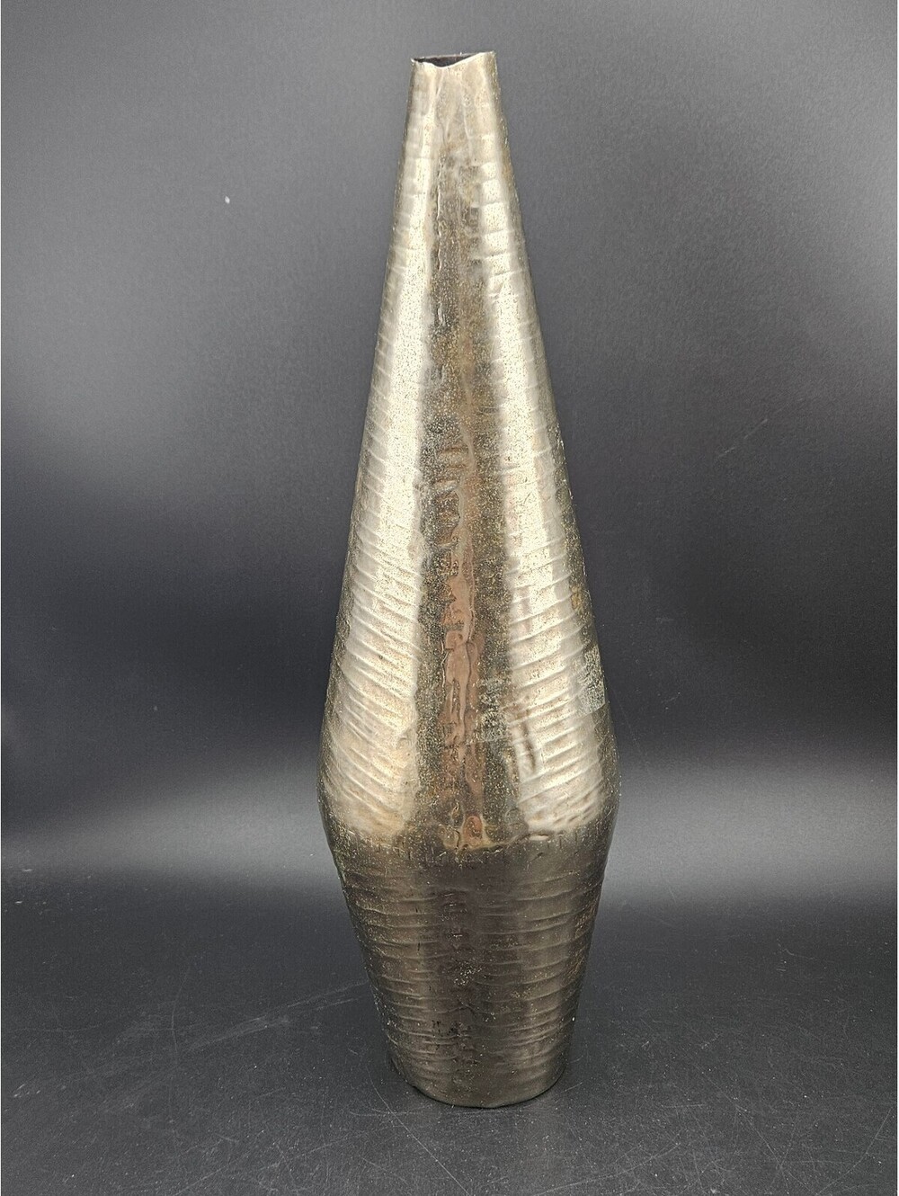 Industrial Metal Vase Tall 16" Hammered Ribbed Brutalist Modern Decor